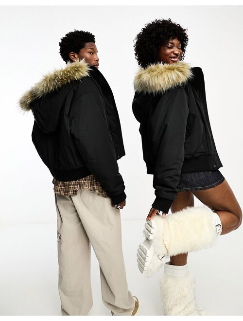 COLLUSION Unisex nylon bomber jacket with faux fur trim hood in black