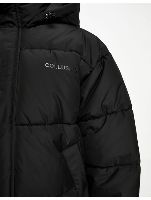 COLLUSION Unisex nylon puffer jacket with branding in black