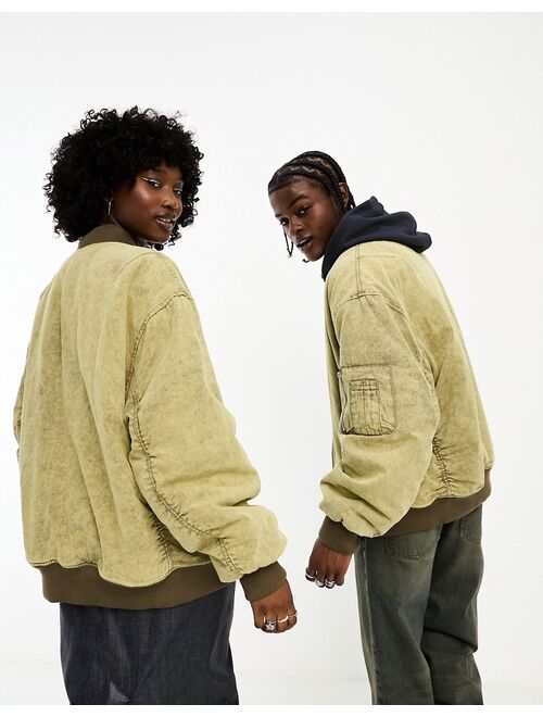 COLLUSION Unisex distressed washed oversized bomber jacket in neutral stone
