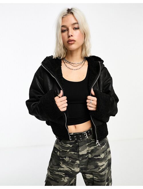 COLLUSION faux suede short aviator jacket in black