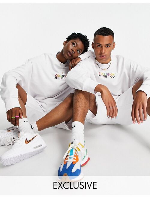 COLLUSION x EXIST LOUDLY Unisex pulled in sweatshirt with embroidery in white set