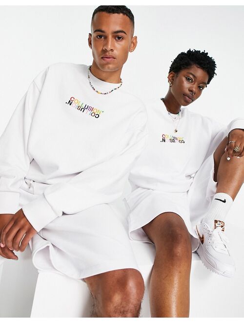 COLLUSION x EXIST LOUDLY Unisex pulled in sweatshirt with embroidery in white set