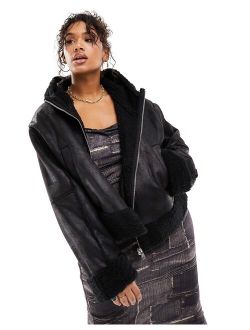 Plus faux suede aviator jacket with shearling trims in black