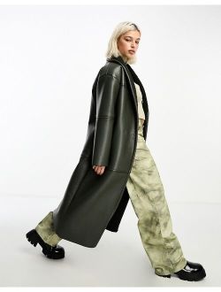 longline faux leather borg lined coat in khaki