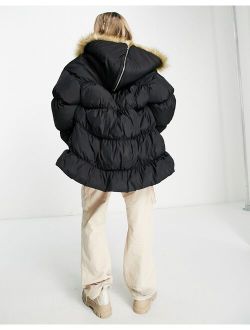 oversized parka jacket with faux fur hood in black