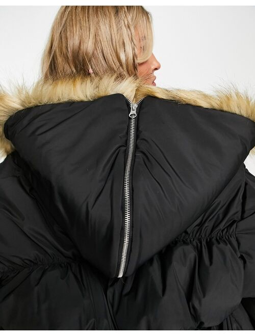 COLLUSION oversized parka jacket with faux fur hood in black