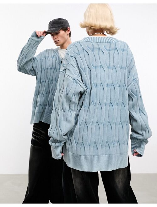 COLLUSION Unisex oversized washed distressed cable knit sweater in light blue