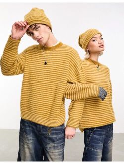 Unisex eyelash fluffy oversized stripe sweater in mustard