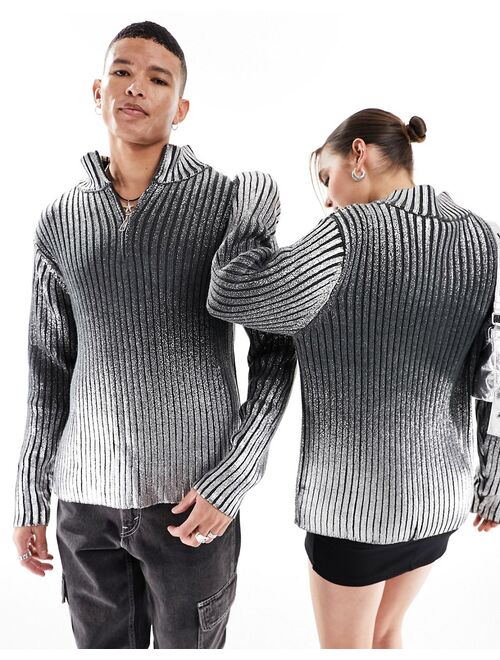 COLLUSION Unisex oversized chunky metallic zip-up sweater in silver