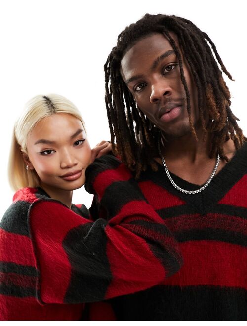 COLLUSION Unisex oversized v-neck sweater in red and black stripe