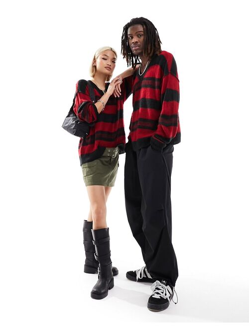 COLLUSION Unisex oversized v-neck sweater in red and black stripe