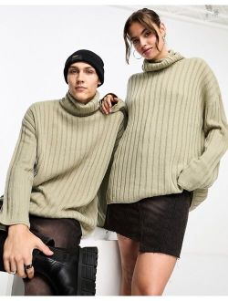 Unisex knit ribbed oversized turtleneck sweater in neutral