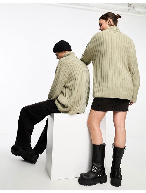 COLLUSION Unisex knit ribbed oversized turtleneck sweater in neutral