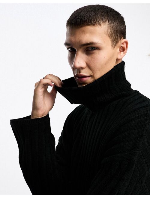 COLLUSION Unisex knit ribbed oversized turtleneck sweater in black