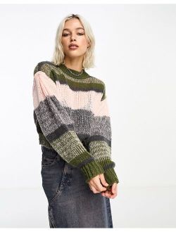 knitted crew neck sweater in multi stripe