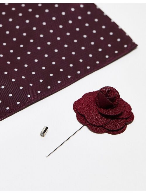 French Connection pocket square and lapel pin in burgundy polka dot