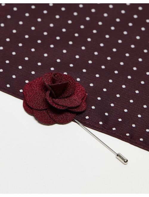 French Connection pocket square and lapel pin in burgundy polka dot