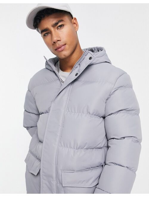 French Connection longline padded parka with hood in light gray