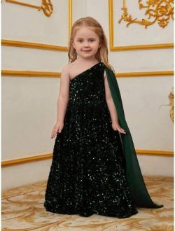 Little Girls' Single Shoulder Strap Sparkly Dress With Chiffon Floaty Ribbons