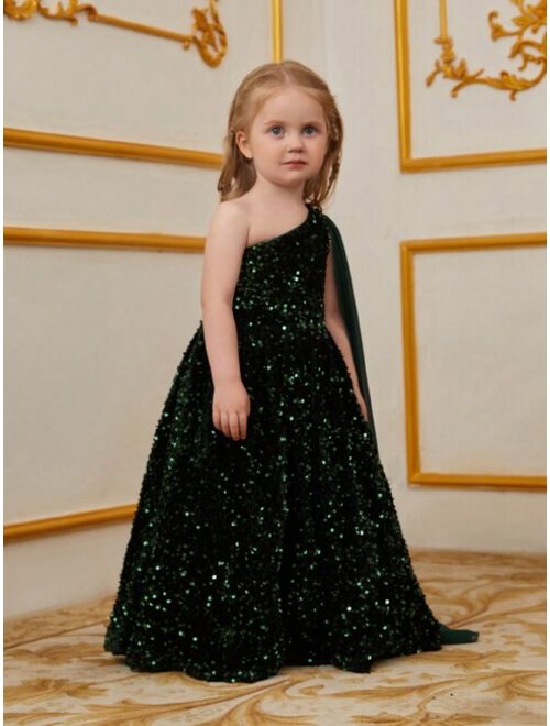Little Girls' Single Shoulder Strap Sparkly Dress With Chiffon Floaty Ribbons