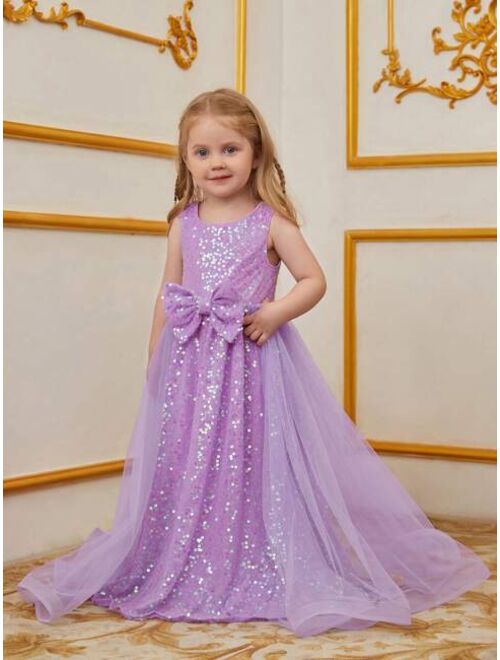 Little Girls' Sleeveless Round Neck Dress With Bowknot Decoration, Mesh Patchwork And Sequins For Formal Occasions