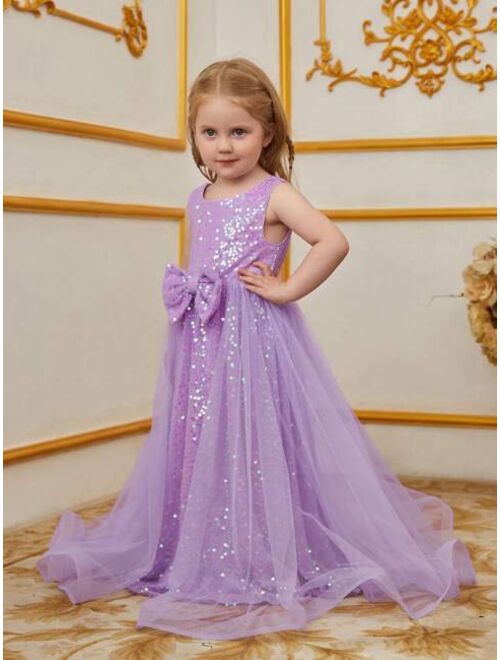 Little Girls' Sleeveless Round Neck Dress With Bowknot Decoration, Mesh Patchwork And Sequins For Formal Occasions