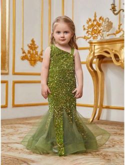 Little Girls' Sleeveless Asymmetric Neck Sparkle Mermaid Dress