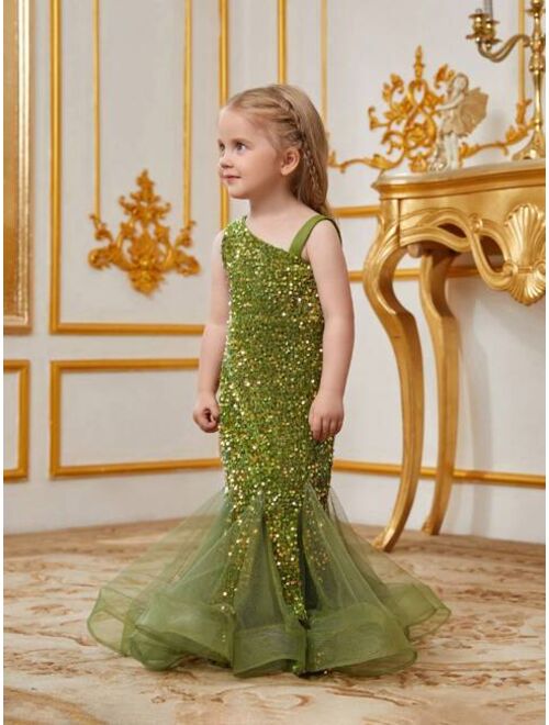 Little Girls' Sleeveless Asymmetric Neck Sparkle Mermaid Dress