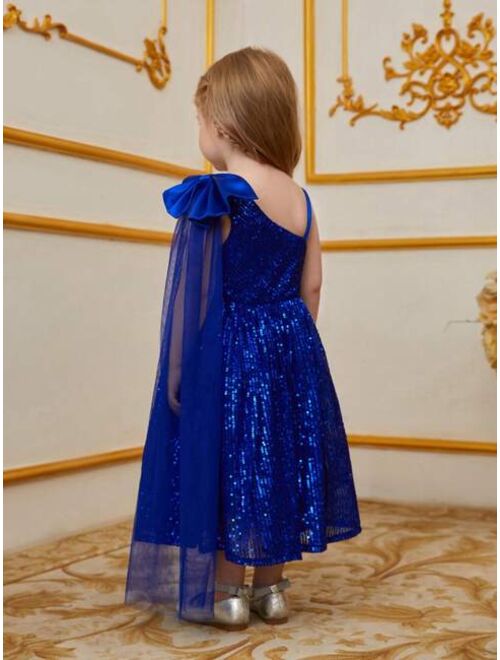 Little Girls' Long Shiny Dress With Bowknot & Streamer Decoration
