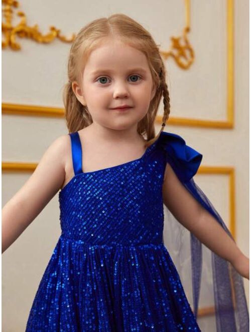 Little Girls' Long Shiny Dress With Bowknot & Streamer Decoration