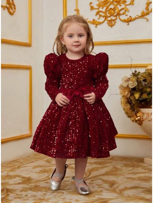 Toddler Girls' Short Sleeve Sheep Sleeve & Bow Decor & Sequin Detail Dress