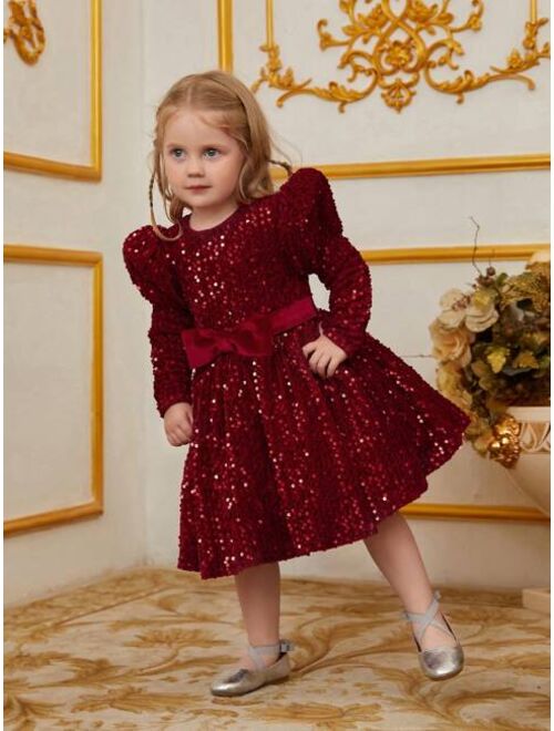 Toddler Girls' Short Sleeve Sheep Sleeve & Bow Decor & Sequin Detail Dress