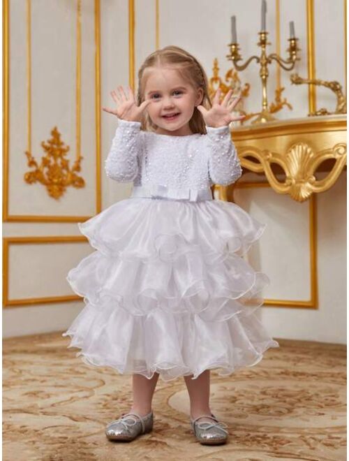 Little Girls' Long Sleeve Sequin Top & Layered Ruffle Cake Dress