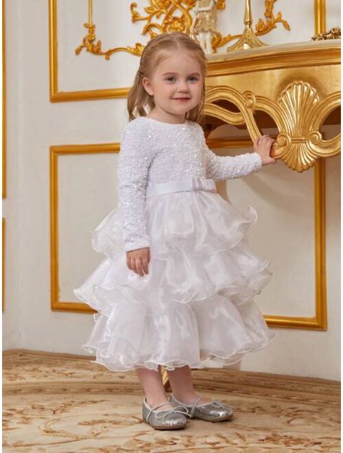 Little Girls' Long Sleeve Sequin Top & Layered Ruffle Cake Dress