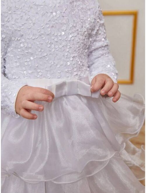 Little Girls' Long Sleeve Sequin Top & Layered Ruffle Cake Dress