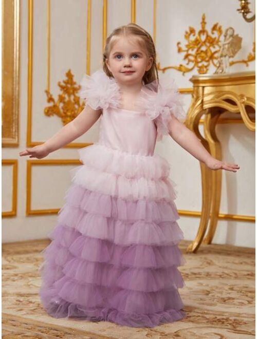 Little Girl'S Mesh Dress With Gradient Color And Tiered Hem