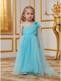 Toddler Girls' Shoulder Big Bowknot Mesh Party Dress