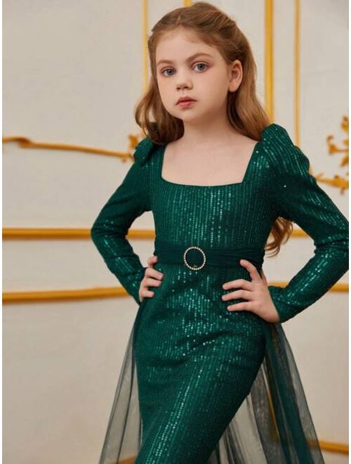 Tween Girls' Square Neckline Shiny Dress With Lamb Sleeves
