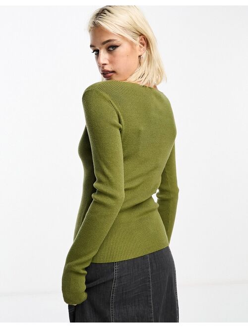 COLLUSION knit ribbed scoop neck sweater in khaki