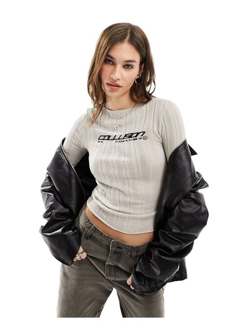 COLLUSION embroidered branded sheer ribbed sweater in light gray