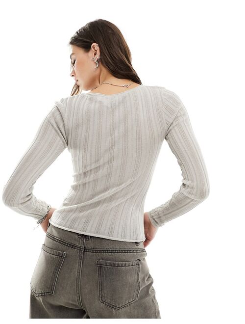 COLLUSION embroidered branded sheer ribbed sweater in light gray