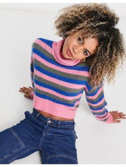 knitted roll neck cropped sweater in striped print