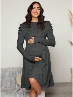 Maternity Asymmetrical Sweater Dress With Leg-of-mutton Sleeves