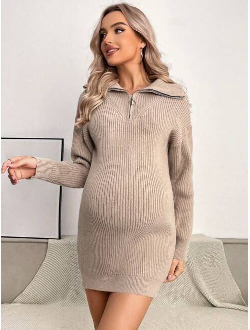 SHEIN Maternity Quarter Zip Drop Shoulder Sweater Dress