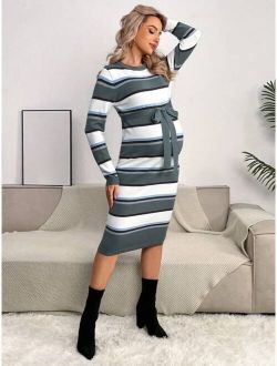 Maternity Striped Pattern Belted Bodycon Sweater Dress