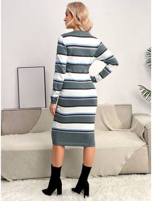 SHEIN Maternity Striped Pattern Belted Bodycon Sweater Dress