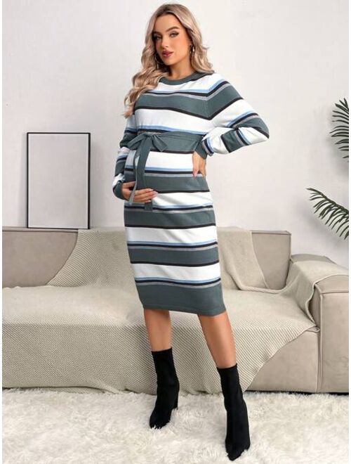 SHEIN Maternity Striped Pattern Belted Bodycon Sweater Dress