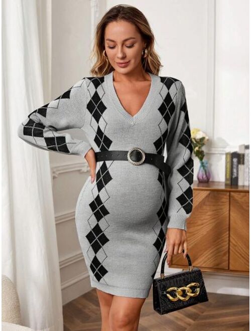 SHEIN Maternity Argyle Pattern Bodycon Sweater Dress Without Belt
