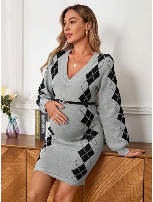 SHEIN Maternity Argyle Pattern Bodycon Sweater Dress Without Belt
