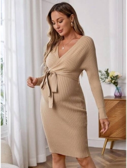 Maternity Long Sleeve Cross V-neck Sweater Dress